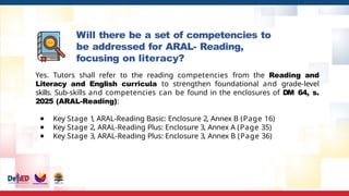 Will there be a set of competencies to
be addressed for ARAL- Reading,
focusing on literacy?
Yes. Tutors shall refer to the reading competencies from the Reading and
Literacy and English curricula to strengthen foundational and grade-level
skills. Sub-skills and competencies can be found in the enclosures of DM 64, s.
2025 (ARAL-Reading):
● Key Stage 1
, ARAL-Reading Basic: Enclosure 2, Annex B (Page 16)
● Key Stage 2, ARAL-Reading Plus: Enclosure 3, Annex A (Page 35)
● Key Stage 3, ARAL-Reading Plus: Enclosure 3, Annex B (Page 36)
 