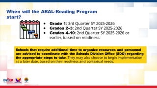 When will the ARAL-Reading Program
start?
● Grade 1: 3rd Quarter SY 2025-2026
● Grades 2–3: 2nd Quarter SY 2025-2026
● Grades 4–10: 2nd Quarter SY 2025-2026 or
earlier, based on readiness.
Schools that require additional time to organize resources and personnel
are advised to coordinate with the Schools Division Office (SDO) regarding
the appropriate steps to take. They may also choose to begin implementation
at a later date, based on their readiness and contextual needs.
 