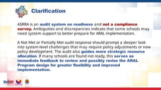 Clarification
ASRRA is an audit system on readiness and not a compliance
survey. Ambiguities and discrepancies indicate that some schools may
need system support to better prepare for ARAL implementation.
A Not Met or Partially Met audit response should prompt a deeper look
into system-level challenges that may require policy adjustments or new
policy development. The audit also guides more strategic resource
allocation. If many schools are found not ready, this serves as
immediate feedback to review and possibly revise the ARAL
Program design for greater flexibility and improved
implementation.
 