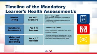 Timeline of the Mandatory
Learner’s Health Assessment/s
 