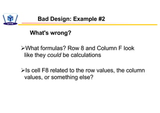 Bad Design: Example #2
What's wrong?
ØWhat formulas? Row 8 and Column F look
like they could be calculations
ØIs cell F8 related to the row values, the column
values, or something else?
 