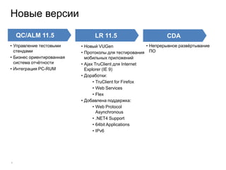 Новые версии
    QC/ALM 11.5                  LR 11.5                         CDA
• Управление тестовыми     • Новый VUGen                 • Непрерывное развѐртывание
  стендами                 • Протоколы для тестирования ПО
• Бизнес ориентированная     мобильных приложений
  система отчѐтности       • Ajax TruClient для Internet
• Интеграция PC-RUM          Explorer (IE 9)
                           • Доработки:
                                 • TruClient for Firefox
                                 • Web Services
                                 • Flex
                           • Добавлена поддержка:
                                 • Web Protocol
                                   Asynchronous
                                 • .NET4 Support
                                 • 64bit Applications
                                 • IPv6




5
 