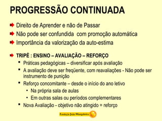 PROGRESSÃO CONTINUADA
Direito de Aprender e não de Passar
Não pode ser confundida com promoção automática
Importância da valorização da auto-estima
TRIPÉ : ENSINO – AVALIAÇÃO – REFORÇO
 Práticas pedagógicas – diversificar após avaliação
 A avaliação deve ser freqüente, com reavaliações - Não pode ser
instrumento de punição
 Reforço concomitante – desde o início do ano letivo
• Na própria sala de aulas
• Em outras salas ou períodos complementares
 Nova Avaliação - objetivo não atingido = reforço
 