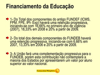 Financiamento da Educação
1- Do Total dos componentes do antigo FUNDEF (ICMS,
FPM, FPE, IPI- Exp) haverá uma retenção progressiva,
iniciando-se com 16,66% no primeiro ano de vigência
(2007), 18,33% em 2008 e 20% a partir de 2009.
2- Do total dos demais componentes do FUNDEB haverá
uma retenção progressiva, iniciando-se com 6,66% em
2007, 13,33% em 2006 e 20% a partir de 2009.
3- A União fará uma complementação progressiva para o
FUNDEB, porém esta contribuição não contemplará a
maioria dos Estados por apresentarem um valor por aluno
superior ao valor nacional.
 