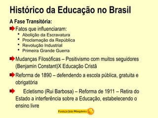 Histórico da Educação no Brasil
A Fase Transitória:
Fatos que influenciaram:
 Abolição da Escravatura
 Proclamação da República
 Revolução Industrial
 Primeira Grande Guerra
Mudanças Filosóficas – Positivismo com muitos seguidores
(Benjamin Constant)X Educação Cristã
Reforma de 1890 – defendendo a escola pública, gratuita e
obrigatória
Ecletismo (Rui Barbosa) – Reforma de 1911 – Retira do
Estado a interferência sobre a Educação, estabelecendo o
ensino livre
 