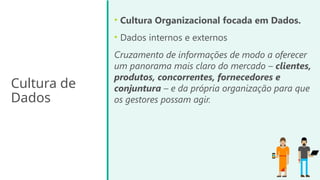 Cultura de
Dados
• Cultura Organizacional focada em Dados.
• Dados internos e externos
Cruzamento de informações de modo a oferecer
um panorama mais claro do mercado – clientes,
produtos, concorrentes, fornecedores e
conjuntura – e da própria organização para que
os gestores possam agir.
 