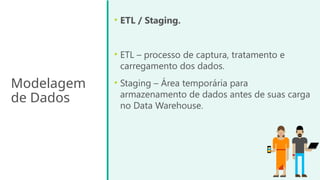 Modelagem
de Dados
• ETL / Staging.
• ETL – processo de captura, tratamento e
carregamento dos dados.
• Staging – Área temporária para
armazenamento de dados antes de suas carga
no Data Warehouse.
 