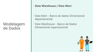 Modelagem
de Dados
• Data Warehouse / Data Mart
• Data Mart – Banco de dados Dimensional
departamental.
• Data Warehouse – Banco de Dados
Dimensional organizacional
 