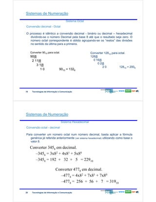 Sistemas de Numeração
Sistema Octal

Redes de Computadores

Conversão decimal - Octal
O processo é idêntico a conversão decimal - binário ou decimal – hexadecimal
dividindo-se o número Decimal pela base 8 até que o resultado seja zero. O
número octal correspondente é obtido agrupando-se os “restos” das divisões
no sentido da última para a primeira.
Converter 9010 para octal.

90|8
2 11|8
3 1|8
10

19

9010 = 1328

Converter 12810 para octal.
128|8
0 16|8
0 2|8
20
12810 = 2008

Tecnologias de Informação e Comunicação

19

Sistemas de Numeração
Sistema Hexadecimal

Redes de Computadores

Conversão octal - decimal
Para converter um número octal num número decimal, basta aplicar a fórmula
genérica já referida anteriormente (ver sistema hexadecimal) utilizando como base o
valor 8.

Converter 3458 em decimal.
–3458 = 3x82 + 4x81 + 5x80
–3458 = 192 + 32 + 5 = 22910
Converter 4778 em decimal.
–4778 = 4x82 + 7x81 + 7x80
–4778 = 256 + 56 + 7 = 31910
20

Tecnologias de Informação e Comunicação

20

 