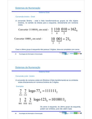 Sistemas de Numeração
Sistema Octal

Redes de Computadores

Conversão binário - Octal
A conversão Binário - octal é feita transformando-se grupos de três dígitos
binários, no sentido da directa para a esquerda, directamente em números
octais.

Converter 11100102 em octal -

1 110 010 = 1628
{ { {
1

Converter 100012 em octal -

6

2

10 001 = 218
{ {
2

1

Caso o último grupo à esquerda não possua 3 dígitos, deve-se completar com zeros.
21

Tecnologias de Informação e Comunicação

21

Sistemas de Numeração
Sistema Octal

Redes de Computadores

Conversão octal - binário
A conversão de números octais em Binários é feita transformando-se os símbolos
octais directamente em números binários de 3 dígitos.
Exemplos

7 7 logo 778 = 1111112
{ {

111 111

1 2 3 logo 1238 = 10100112
{ { {

001 010 011

Os zeros à esquerda, do último grupo da esquerda,
podem ser omitidos, pois não valem nada.
22

Tecnologias de Informação e Comunicação

22

 