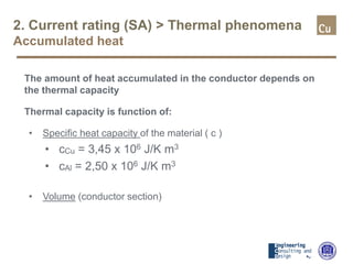 2. Current rating (SA) > Thermal phenomena
Accumulated heat
The amount of heat accumulated in the conductor depends on
the thermal capacity
Thermal capacity is function of:
• Specific heat capacity of the material ( c )
• cCu = 3,45 x 106 J/K m3
• cAl = 2,50 x 106 J/K m3
• Volume (conductor section)
 