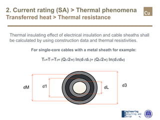 2. Current rating (SA) > Thermal phenomena
Transferred heat > Thermal resistance
Thermal insulating effect of electrical insulation and cable sheaths shall
be calculated by using construction data and thermal resistivities.
For single-core cables with a metal sheath for example:
Tk=T1+T2= (Q1/2π) ln(d1/dL)+ (Q3/2π) ln(d3/dM)
dM d1 dL d3
 