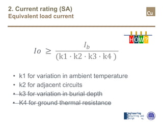 2. Current rating (SA)
Equivalent load current
• k1 for variation in ambient temperature
• k2 for adjacent circuits
• k3 for variation in burial depth
• K4 for ground thermal resistance
𝐼𝐼𝐼𝐼 ≥
𝐼𝐼𝑏𝑏
(k1 · k2 · k3 · k4 )
H OW?
 