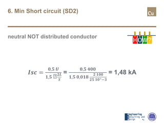 6. Min Short circuit (SD2)
neutral NOT distributed conductor
𝑰𝑰𝑰𝑰𝑰𝑰 =
𝟎𝟎,𝟓𝟓 𝑼𝑼
𝟏𝟏,𝟓𝟓 �𝟐𝟐𝟐𝟐
𝑺𝑺
=
𝟎𝟎,𝟓𝟓 𝟒𝟒𝟒𝟒𝟒𝟒
𝟏𝟏,𝟓𝟓 𝟎𝟎,𝟎𝟎𝟎𝟎𝟎𝟎
𝟐𝟐 𝟏𝟏𝟏𝟏𝟏𝟏
𝟐𝟐𝟐𝟐 𝟏𝟏𝟏𝟏^−𝟑𝟑
= 1,48 kA
H OW?
 