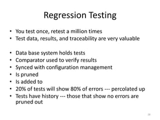 Regression Testing
• You test once, retest a million times
• Test data, results, and traceability are very valuable
• Data...