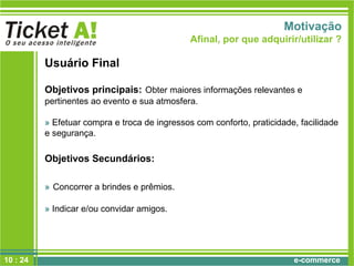 e-commerce
Usuário Final
Objetivos principais: Obter maiores informações relevantes e
pertinentes ao evento e sua atmosfera.
» Efetuar compra e troca de ingressos com conforto, praticidade, facilidade
e segurança.
Objetivos Secundários:
» Concorrer a brindes e prêmios.
» Indicar e/ou convidar amigos.
Motivação
Afinal, por que adquirir/utilizar ?
10 : 24
 