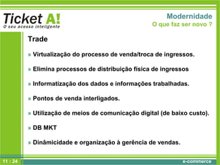 e-commerce
Trade
» Virtualização do processo de venda/troca de ingressos.
» Elimina processos de distribuição física de ingressos
» Informatização dos dados e informações trabalhadas.
» Pontos de venda interligados.
» Utilização de meios de comunicação digital (de baixo custo).
» DB MKT
» Dinâmicidade e organização à gerência de vendas.
Modernidade
O que faz ser novo ?
11 : 24
 