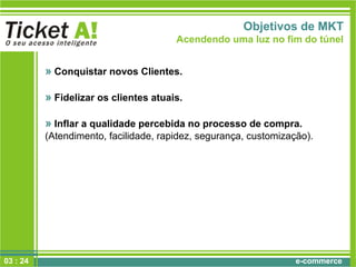 e-commerce
Objetivos de MKT
Acendendo uma luz no fim do túnel
» Conquistar novos Clientes.
» Fidelizar os clientes atuais.
» Inflar a qualidade percebida no processo de compra.
(Atendimento, facilidade, rapidez, segurança, customização).
03 : 24
 