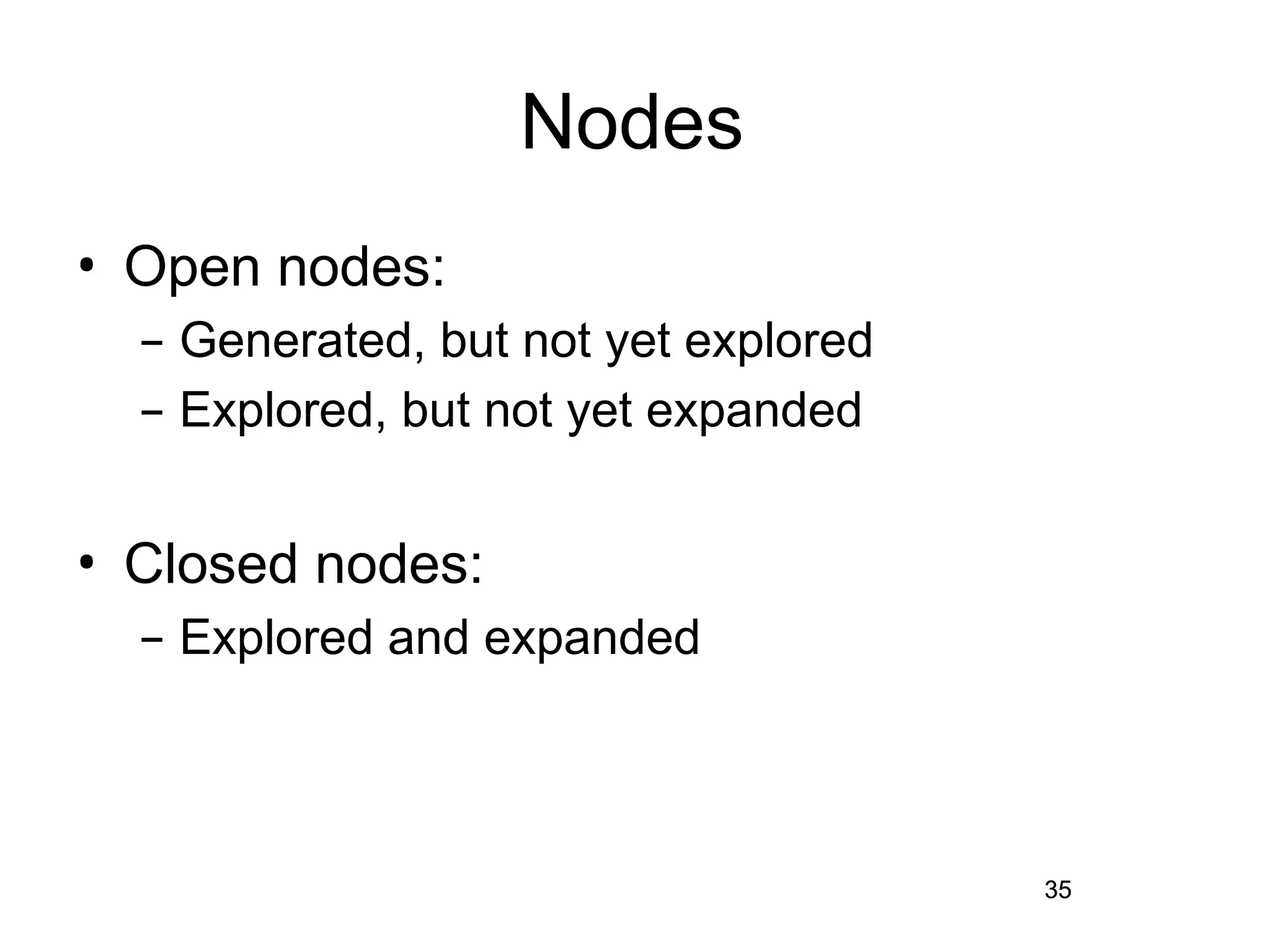 35
Nodes
• Open nodes:
– Generated, but not yet explored
– Explored, but not yet expanded
• Closed nodes:
– Explored and expanded
35
 