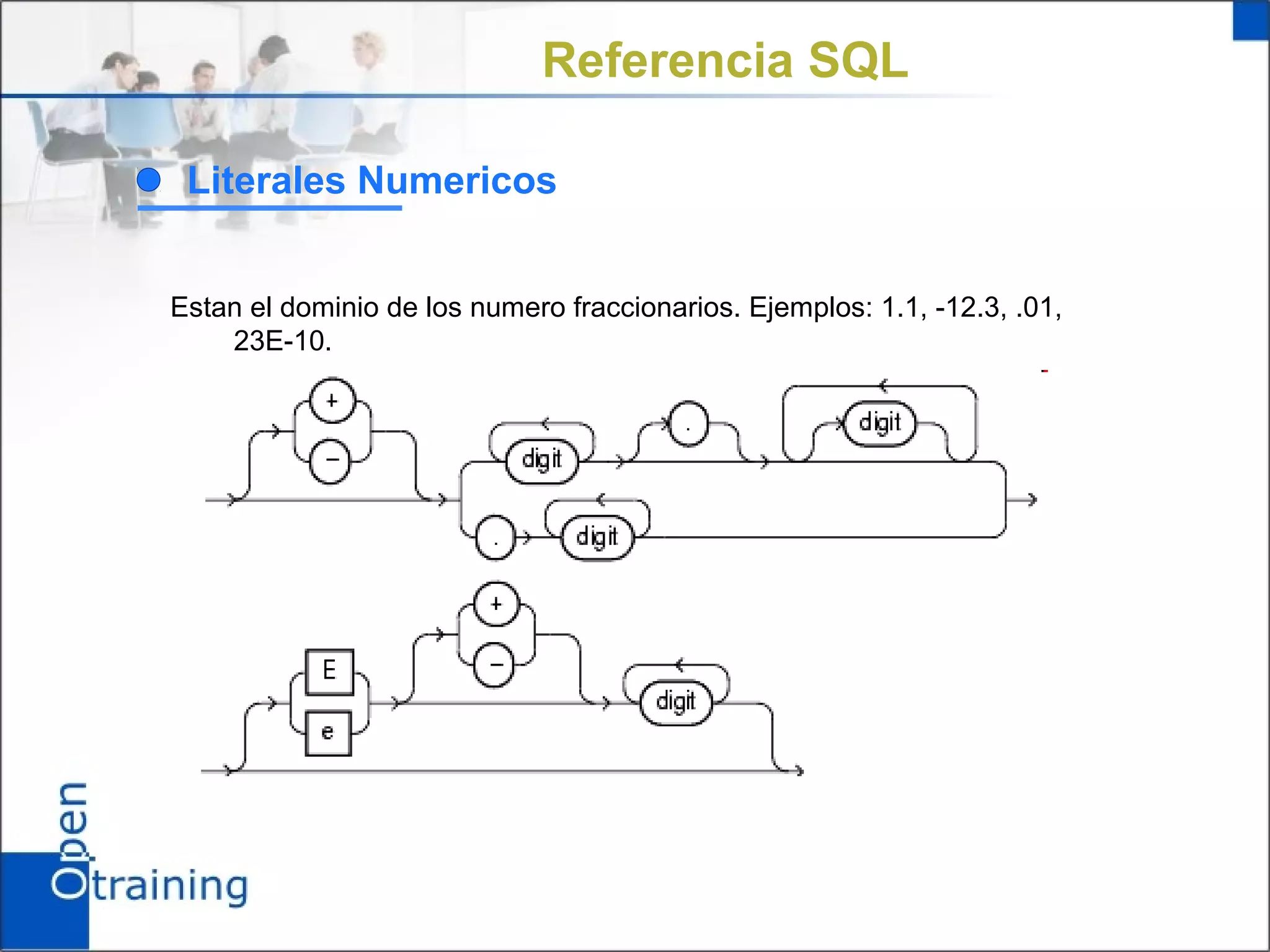 Referencia SQL

 Literales Numericos


Estan el dominio de los numero fraccionarios. Ejemplos: 1.1, -12.3, .01,
    23E-10.
 