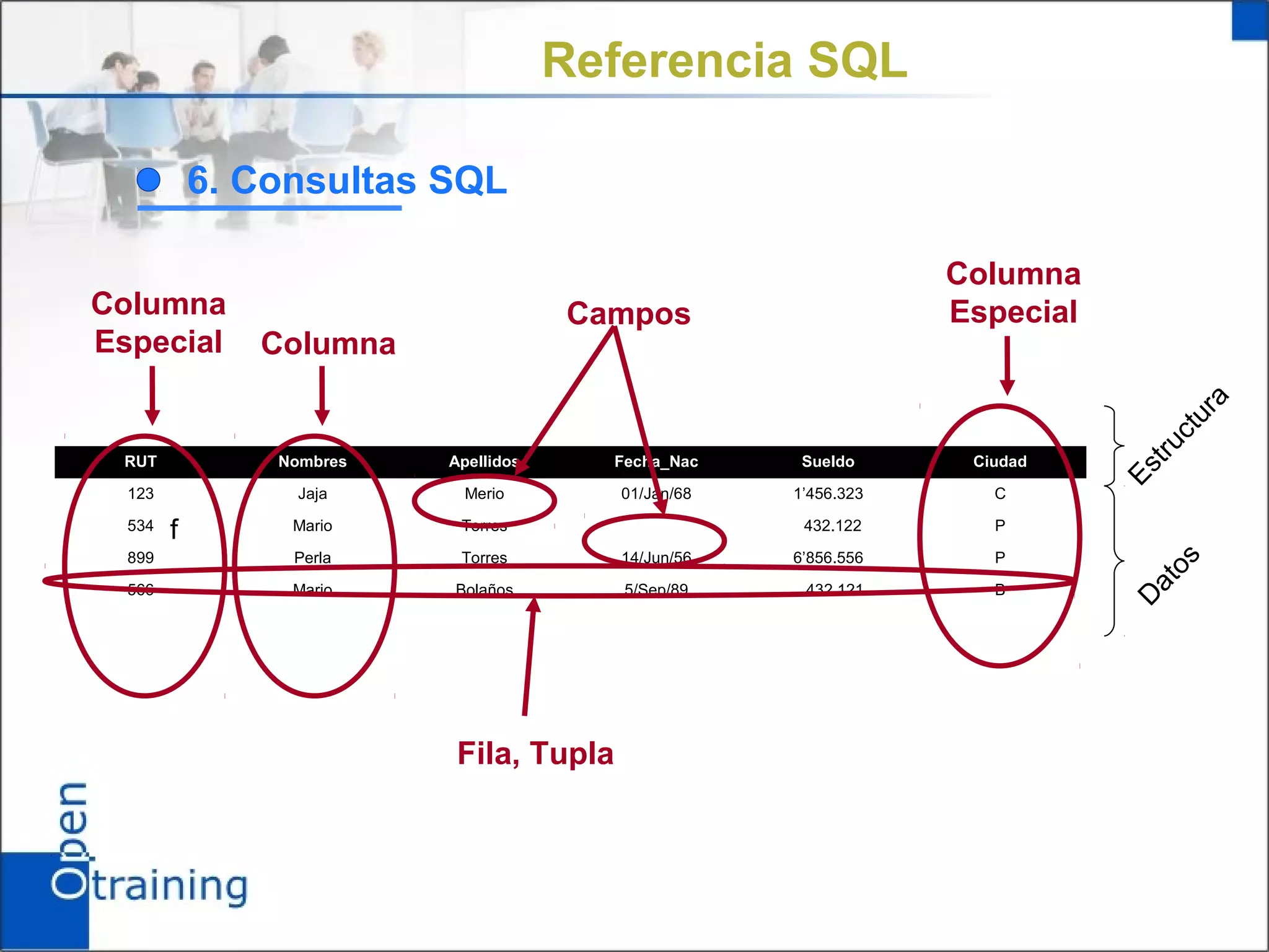 Referencia SQL

            6. Consultas SQL

                                                                 Columna
Columna                               Campos                     Especial
Especial       Columna




                                                                                      a
                                                                                    ur
                                                                                  ct
                                                                              t ru
 RUT            Nombres   Apellidos      Fecha_Nac    Sueldo      Ciudad




                                                                            Es
  123             Jaja      Merio        01/Jan/68   1’456.323      C

  534   f        Mario     Torres                     432.122       P

  899            Perla     Torres        14/Jun/56   6’856.556      P




                                                                               os
                                                                             at
  566            Mario    Bolaños         5/Sep/89    432.121       B




                                                                            D
                           Fila, Tupla
 
