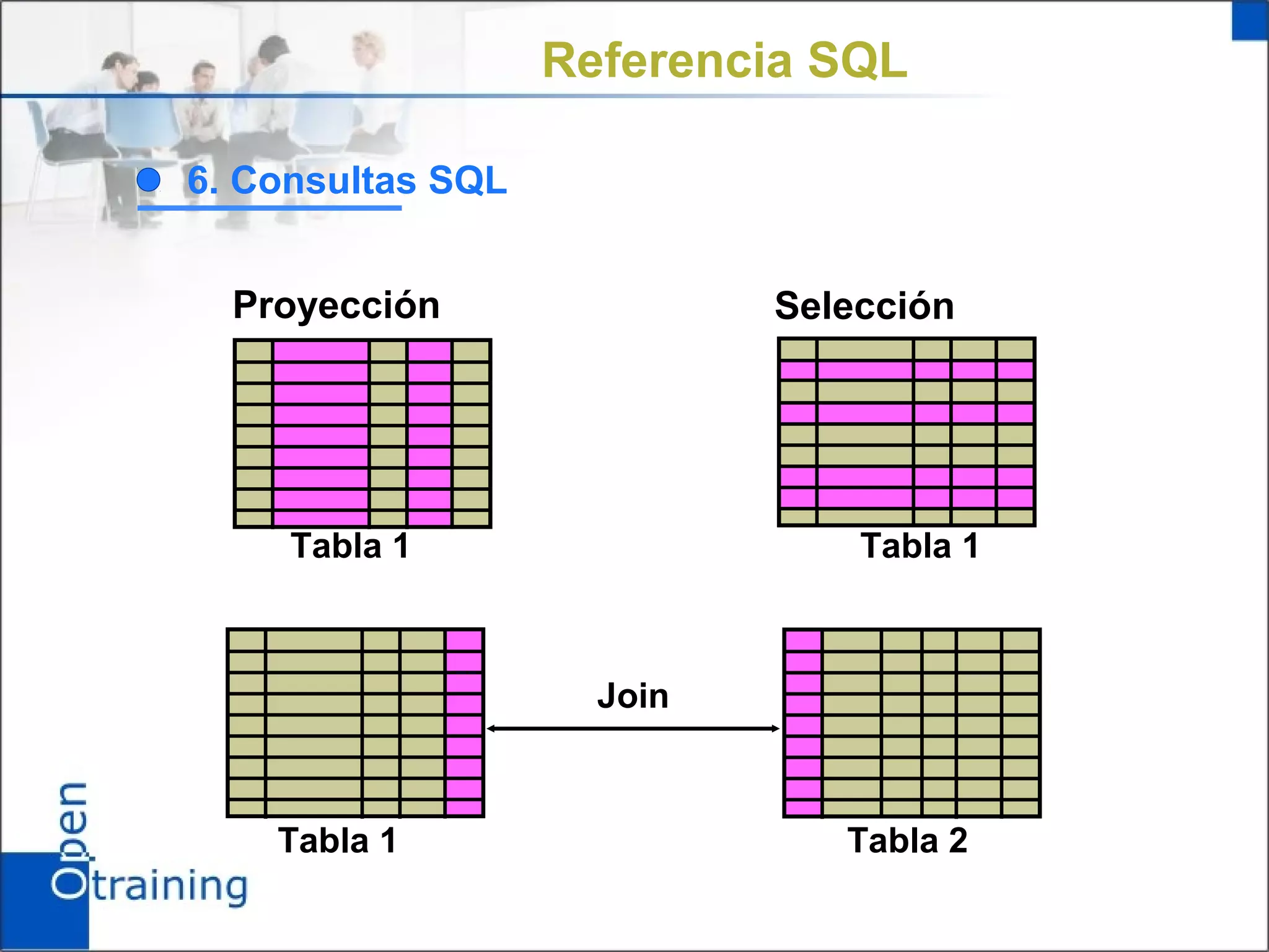 Referencia SQL

6. Consultas SQL


  Proyección                Selección




     Tabla 1                    Tabla 1



                     Join



    Tabla 1                    Tabla 2
 