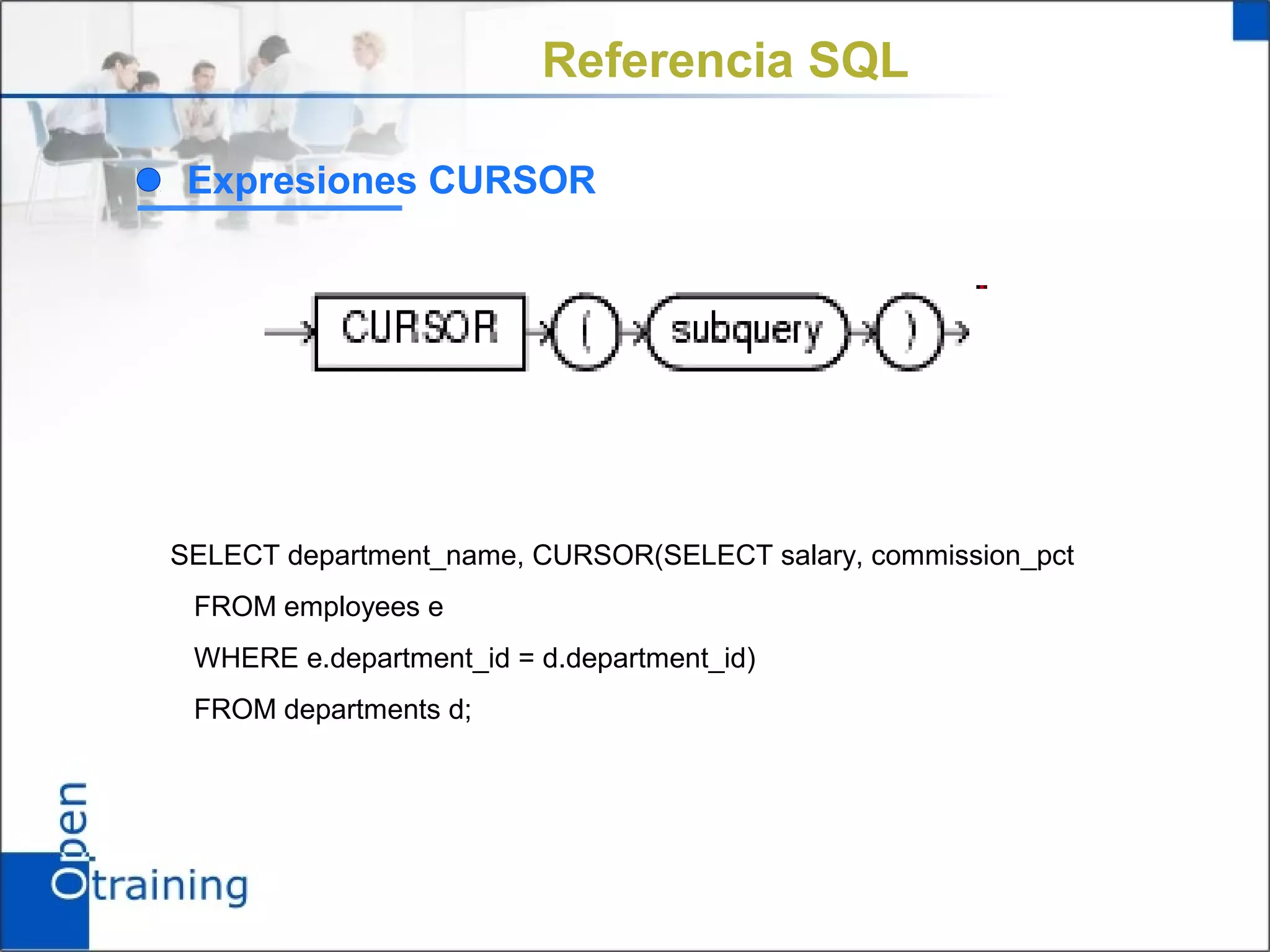 Referencia SQL

 Expresiones CURSOR




SELECT department_name, CURSOR(SELECT salary, commission_pct
 FROM employees e
 WHERE e.department_id = d.department_id)
 FROM departments d;
 
