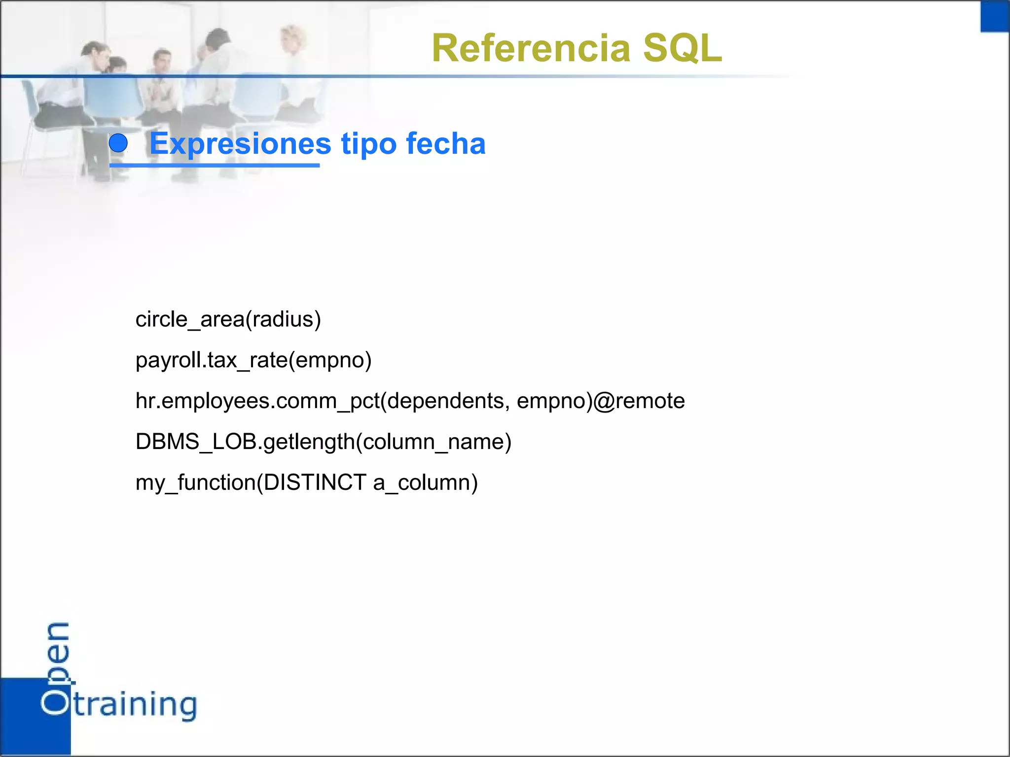 Referencia SQL

 Expresiones tipo fecha




circle_area(radius)
payroll.tax_rate(empno)
hr.employees.comm_pct(dependents, empno)@remote
DBMS_LOB.getlength(column_name)
my_function(DISTINCT a_column)
 
