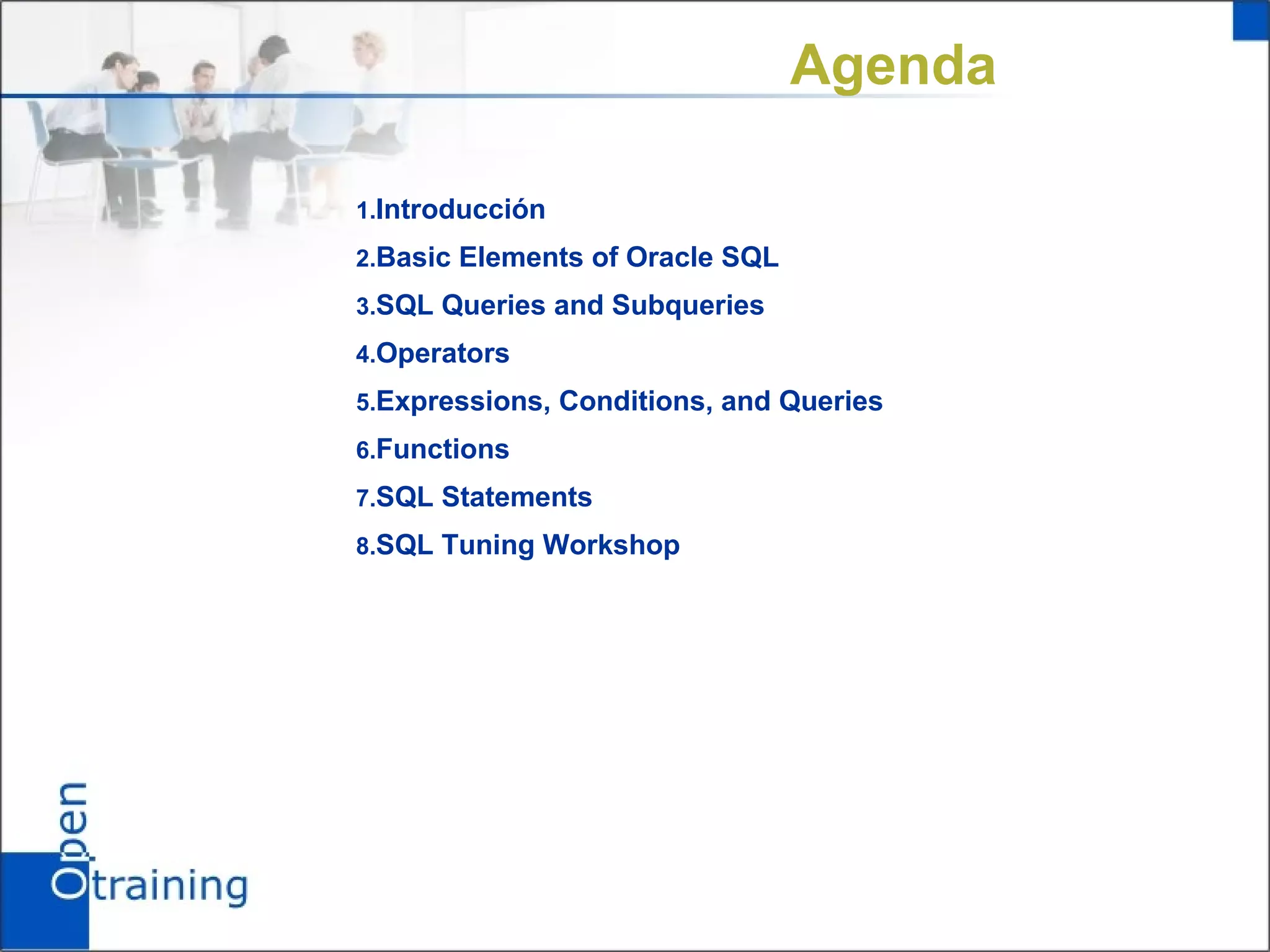 Agenda

1.Introducción
2.Basic Elements of Oracle SQL
3.SQL Queries and Subqueries

4.Operators
5.Expressions, Conditions, and Queries
6.Functions
7.SQL Statements
8.SQL Tuning Workshop
 