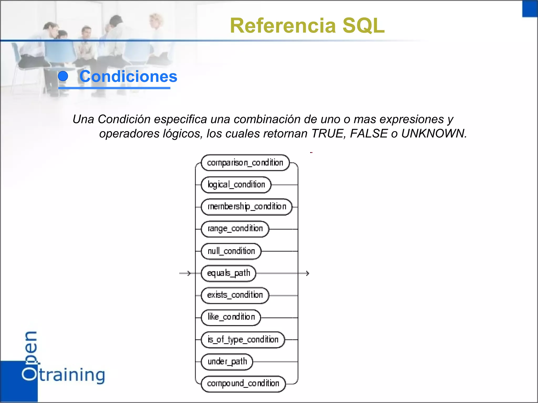 Referencia SQL

 Condiciones

Una Condición especifica una combinación de uno o mas expresiones y
    operadores lógicos, los cuales retornan TRUE, FALSE o UNKNOWN.
 