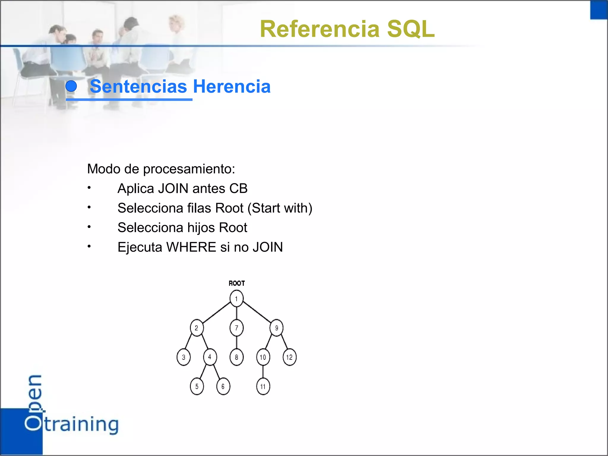 Referencia SQL

Sentencias Herencia



Modo de procesamiento:
•   Aplica JOIN antes CB
•   Selecciona filas Root (Start with)
•   Selecciona hijos Root
•   Ejecuta WHERE si no JOIN
 