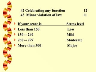 42 Celebrating any function              12
     43 Minor violation of law                11

   If your score is               Stress level
   Less than 150                  Low
   150 -- 249                     Mild
   250 -- 299                     Moderate
   More than 300                  Major
 