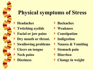 Physical symptoms of Stress
   Headaches                 Backaches
   Twitching eyelids         Weakness
   Facial or jaw pains       Constipation
   Dry mouth or throat.      Indigestion
   Swallowing problems       Nausea & Vomiting
   Ulcers on tongue          Stomach pain
   Neck pains                Diarrhea
   Dizziness                 Change in weight
 