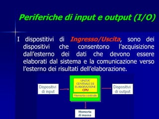 Periferiche di input e output (I/O)

I dispostitivi di Ingresso/Uscita, sono dei
  dispositivi   che      consentono      l’acquisizione
  dall’esterno dei dati che devono essere
  elaborati dal sistema e la comunicazione verso
  l’esterno dei risultati dell’elaborazione.
 