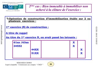 24
MOHAMED CHORFI
Expert comptable – Commissaire aux comptes “ CM2F ”
www.cabinetchorfi.com
G.S.M
:
06
61
14
88
03
Opération de construction d’immobilisation étalée sur 2 ou
plusieurs exercices :
1er exercice (N) de construction :
A titre de rappel
Au titre du 1er exercice N, on avait passé les intrants :
61xx /63xx
34552
44XX
51XX
X
X
X
X
2ème cas : Bien immeuble à immobiliser non
achevé à la clôture de l’exercice :
 