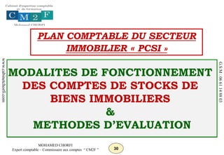 30
MOHAMED CHORFI
Expert comptable – Commissaire aux comptes “ CM2F ”
www.cabinetchorfi.com
G.S.M
:
06
61
14
88
03
MODALITES DE FONCTIONNEMENT
DES COMPTES DE STOCKS DE
BIENS IMMOBILIERS
&
METHODES D’EVALUATION
PLAN COMPTABLE DU SECTEUR
IMMOBILIER « PCSI »
 