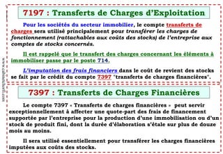 39
MOHAMED CHORFI
Expert comptable – Commissaire aux comptes “ CM2F ”
www.cabinetchorfi.com
G.S.M
:
06
61
14
88
03
Pour les sociétés du secteur immobilier, le compte transferts de
charges sera utilisé principalement pour transférer les charges de
fonctionnement (rattachables aux coûts des stocks) de l’entreprise aux
comptes de stocks concernés.
Il est rappelé que le transfert des charges concernant les éléments à
immobiliser passe par le poste 714.
L’imputation des frais financiers dans le coût de revient des stocks
se fait par le crédit du compte 7397 "transferts de charges financières".
7197 : Transferts de Charges d’Exploitation
Le compte 7397 « Transferts de charges financières » peut servir
exceptionnellement à affecter une quote-part des frais de financement
supportée par l’entreprise pour la production d’une immobilisation ou d’un
stock de produit fini, dont la durée d’élaboration s’étale sur plus de douze
mois au moins.
Il sera utilisé essentiellement pour transférer les charges financières
imputées aux coûts des stocks.
7397 : Transferts de Charges Financières
 