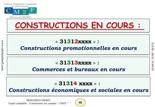49
MOHAMED CHORFI
Expert comptable – Commissaire aux comptes “ CM2F ”
www.cabinetchorfi.com
G.S.M
:
06
61
14
88
03
CONSTRUCTIONS EN COURS :
« 31312xxxx » :
Constructions promotionnelles en cours
« 31313xxxx » :
Commerces et bureaux en cours
« 31314 xxxx » :
Constructions économiques et sociales en cours
 