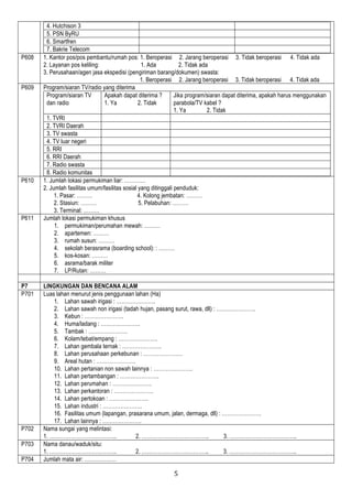 5
4. Hutchison 3
5. PSN ByRU
6. Smartfren
7. Bakrie Telecom
P608 1. Kantor pos/pos pembantu/rumah pos: 1. Beroperasi 2. Jarang beroperasi 3. Tidak beroperasi 4. Tidak ada
2. Layanan pos keliling: 1. Ada 2. Tidak ada
3. Perusahaan/agen jasa ekspedisi (pengiriman barang/dokumen) swasta:
1. Beroperasi 2. Jarang beroperasi 3. Tidak beroperasi 4. Tidak ada
P609 Program/siaran TV/radio yang diterima
Program/siaran TV
dan radio
Apakah dapat diterima ?
1. Ya 2. Tidak
Jika program/siaran dapat diterima, apakah harus menggunakan
parabola/TV kabel ?
1. Ya 2. Tidak
1. TVRI
2. TVRI Daerah
3. TV swasta
4. TV luar negeri
5. RRI
6. RRI Daerah
7. Radio swasta
8. Radio komunitas
P610 1. Jumlah lokasi permukiman liar: …………
2. Jumlah fasilitas umum/fasilitas sosial yang ditinggali penduduk:
1. Pasar: ……… 4. Kolong jembatan: ………
2. Stasiun: ……… 5. Pelabuhan: ………
3. Terminal: ………
P611 Jumlah lokasi permukiman khusus
1. permukiman/perumahan mewah: ………
2. apartemen: ………
3. rumah susun: ………
4. sekolah berasrama (boarding school): : ………
5. kos-kosan: ………
6. asrama/barak militer
7. LP/Rutan: ………
P7 LINGKUNGAN DAN BENCANA ALAM
P701 Luas lahan menurut jenis penggunaan lahan (Ha)
1. Lahan sawah irigasi : ………………….
2. Lahan sawah non irigasi (tadah hujan, pasang surut, rawa, dll) : ………………….
3. Kebun : ………………….
4. Huma/ladang : ………………….
5. Tambak : ………………….
6. Kolam/tebat/empang : ………………….
7. Lahan gembala ternak : ………………….
8. Lahan perusahaan perkebunan : ………………….
9. Areal hutan : ………………….
10. Lahan pertanian non sawah lainnya : ………………….
11. Lahan pertambangan : ………………….
12. Lahan perumahan : ………………….
13. Lahan perkantoran : ………………….
14. Lahan pertokoan : ………………….
15. Lahan industri : ………………….
16. Fasilitas umum (lapangan, prasarana umum, jalan, dermaga, dll) : ………………….
17. Lahan lainnya : ………………….
P702 Nama sungai yang melintasi:
1. ……………………………….. 2. ……………………………….. 3. ………………………………..
P703 Nama danau/waduk/situ:
1. ……………………………….. 2. ……………………………….. 3. ………………………………..
P704 Jumlah mata air: ………………
 