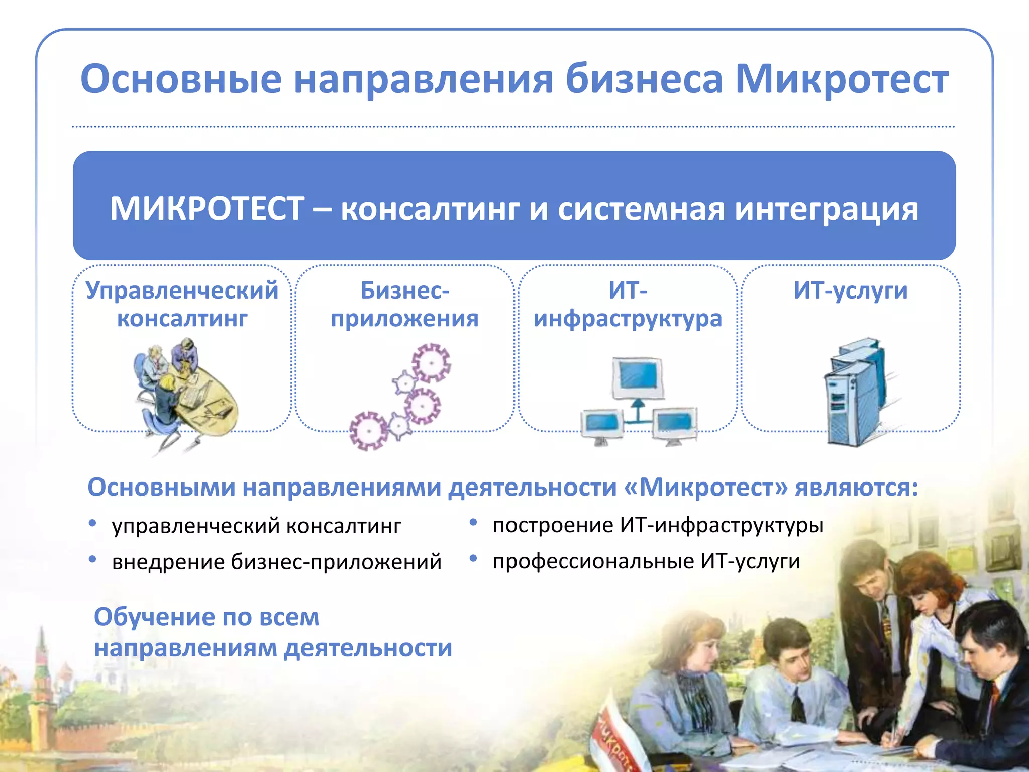 Основные направления бизнеса Микротест

 МИКРОТЕСТ – консалтинг и системная интеграция

Управленческий     Бизнес-           ИТ-          ИТ-услуги
  консалтинг     приложения     инфраструктура




Основными направлениями деятельности «Микротест» являются:
• управленческий консалтинг   • построение ИТ-инфраструктуры
• внедрение бизнес-приложений • профессиональные ИТ-услуги
Обучение по всем
направлениям деятельности
 