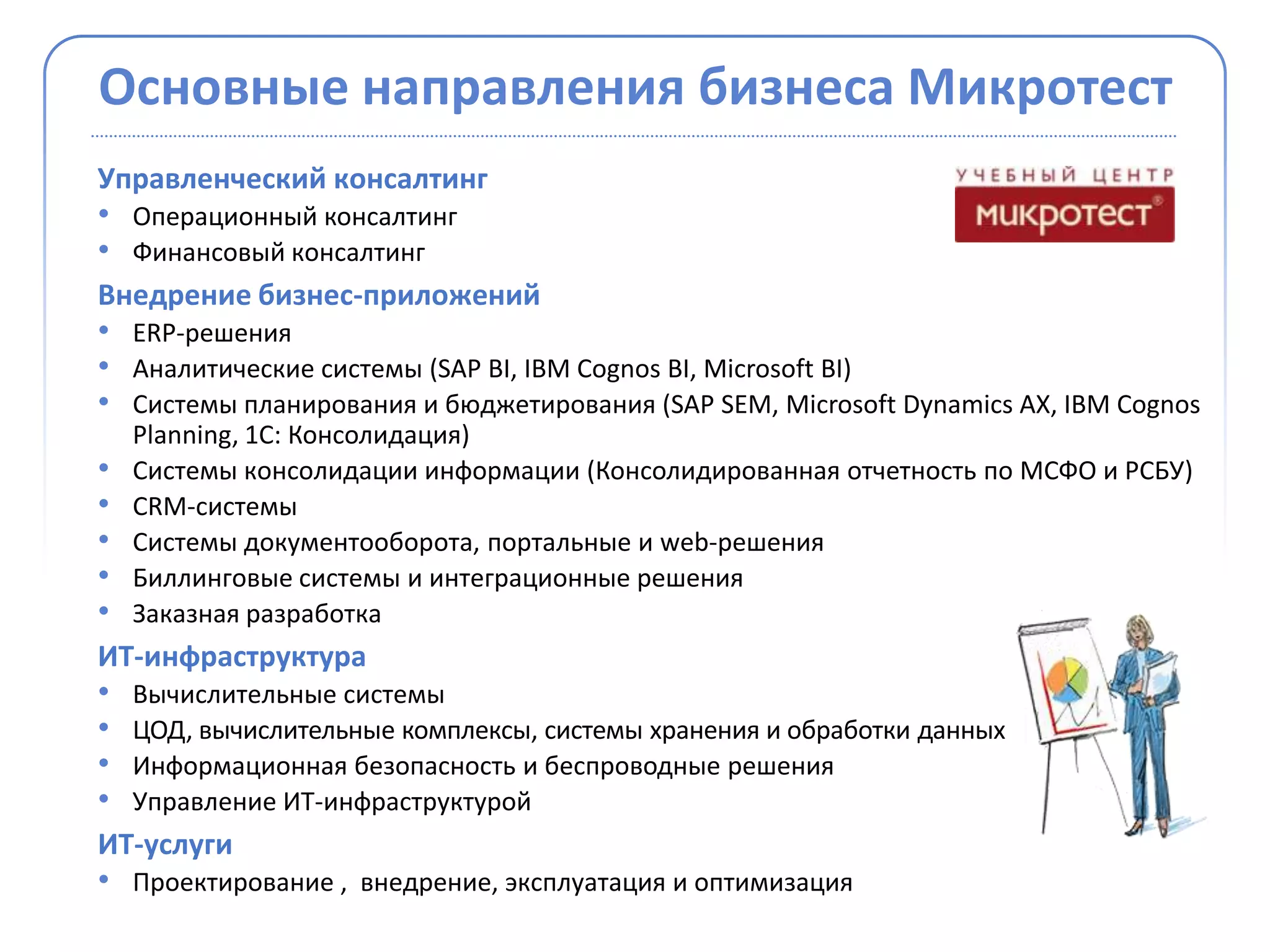 Основные направления бизнеса Микротест
Управленческий консалтинг
• Операционный консалтинг
• Финансовый консалтинг
Внедрение бизнес-приложений
• ERP-решения
• Аналитические системы (SAP BI, IBM Cognos BI, Microsoft BI)
• Системы планирования и бюджетирования (SAP SEM, Microsoft Dynamics AX, IBM Cognos
    Planning, 1С: Консолидация)
•   Системы консолидации информации (Консолидированная отчетность по МСФО и РСБУ)
•   CRM-системы
•   Системы документооборота, портальные и web-решения
•   Биллинговые системы и интеграционные решения
•   Заказная разработка
ИТ-инфраструктура
•   Вычислительные системы
•   ЦОД, вычислительные комплексы, системы хранения и обработки данных
•   Информационная безопасность и беспроводные решения
•   Управление ИТ-инфраструктурой
ИТ-услуги
• Проектирование , внедрение, эксплуатация и оптимизация
 