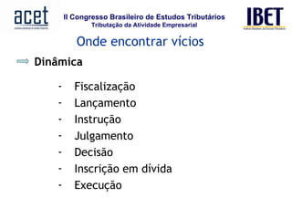 Onde encontrar vícios Dinâmica Fiscalização Lançamento Instrução Julgamento Decisão Inscrição em dívida Execução 