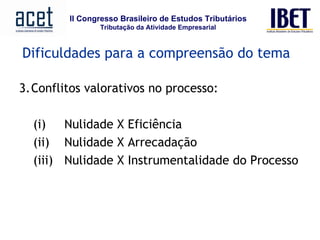 Dificuldades para a compreensão do tema Conflitos valorativos no processo: Nulidade X Eficiência Nulidade X Arrecadação Nulidade X Instrumentalidade do Processo 