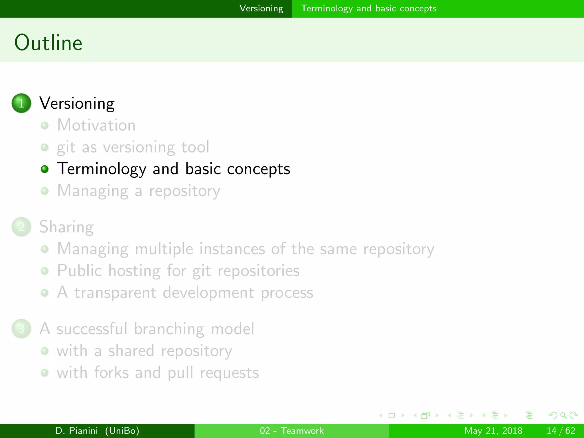 images/logo
Versioning Terminology and basic concepts
Outline
1 Versioning
Motivation
git as versioning tool
Terminology and basic concepts
Managing a repository
2 Sharing
Managing multiple instances of the same repository
Public hosting for git repositories
A transparent development process
3 A successful branching model
with a shared repository
with forks and pull requests
D. Pianini (UniBo) 02 - Teamwork May 21, 2018 14 / 62
 