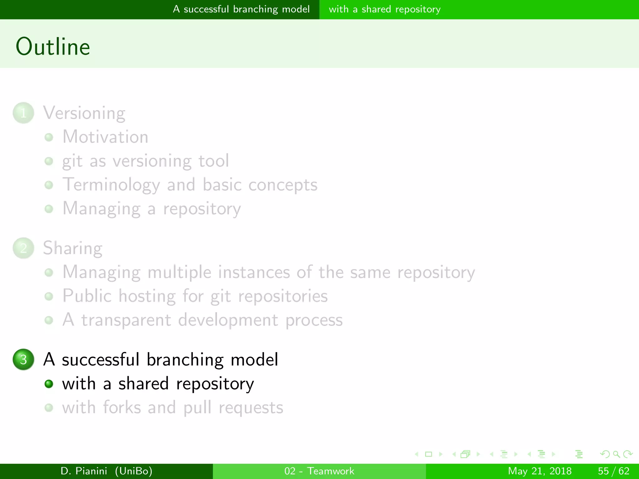 images/logo
A successful branching model with a shared repository
Outline
1 Versioning
Motivation
git as versioning tool
Terminology and basic concepts
Managing a repository
2 Sharing
Managing multiple instances of the same repository
Public hosting for git repositories
A transparent development process
3 A successful branching model
with a shared repository
with forks and pull requests
D. Pianini (UniBo) 02 - Teamwork May 21, 2018 55 / 62
 