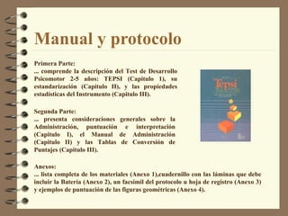 Manual y protocolo Primera Parte:  ... comprende la descripción del Test de Desarrollo Psicomotor 2-5 años: TEPSI (Capitulo 1), su estandarización (Capitulo II), y las propiedades estadísticas del Instrumento (Capitulo III). Anexos:  ... lista completa de los materiales (Anexo 1),cuadernillo con las láminas que debe incluir la Batería (Anexo 2), un facsímil del protocolo u hoja de registro (Anexo 3) y ejemplos de puntuación de las figuras geométricas (Anexo 4). Segunda Parte:  ... presenta consideraciones generales sobre la Administración, puntuación e interpretación (Capitulo I), el Manual de Administración (Capitulo II) y las Tablas de Conversión de Puntajes (Capitulo III). 