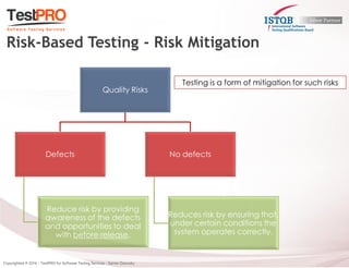 Risk-Based Testing - Risk Mitigation 
Quality Risks 
Defects 
Reduce risk by providing awareness of the defects and opportunities to deal with before release. 
No defects 
Reduces risk by ensuring that, under certain conditions the system operates correctly. 
Testing is a form of mitigation for such risks  