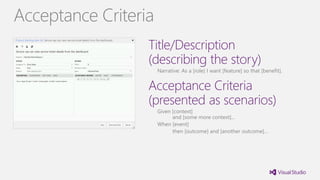 Title/Description
(describing the story)
Narrative: As a [role] I want [feature] so that [benefit].
Acceptance Criteria
(presented as scenarios)
Given [context]
and [some more context]...
When [event]
then [outcome] and [another outcome]...
Acceptance Criteria
 