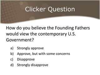 Clicker QuestionHow do you believe the Founding Fathers would view the contemporary U.S. Government? Strongly approveApprove, but with some concernsDisapproveStrongly disapprove