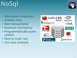  Alternative structures
 Schema-free
 Non transactional
 Eventual consistency
 Programmatically query
  routine
 Easy to scale-out
 Use case oriented




                           15
 